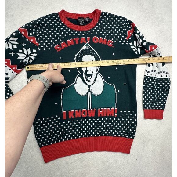 Ugly Christmas Sweater Mens Size Large Elf Movie Santa OMG I Know Him Green - Picture 4 of 6